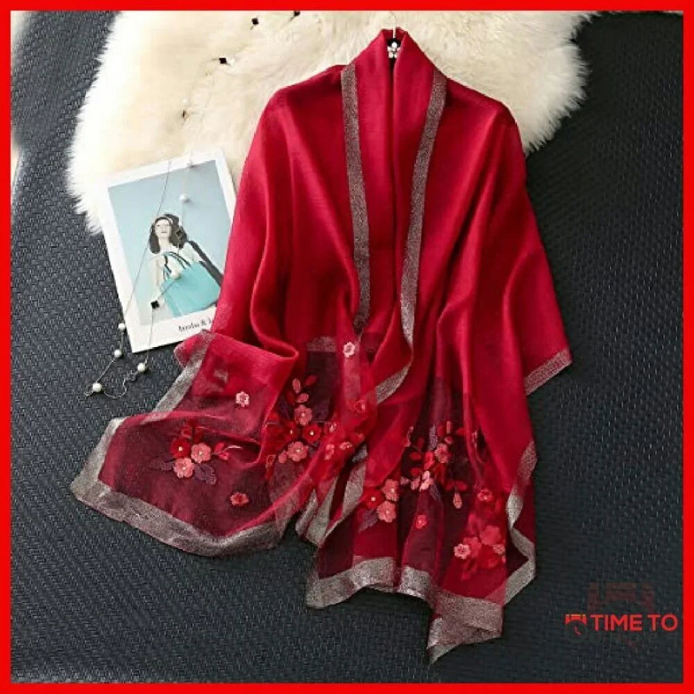 Large Silk Blend Scarf Shawl Wrap 75x28 Inches Lightweight Embroidered